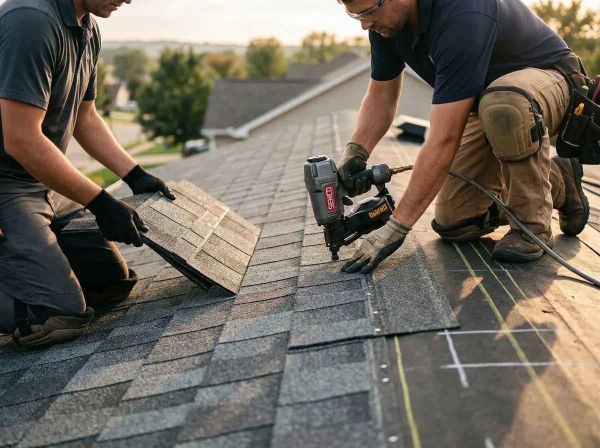 Professional roofer working on a residential roof in Chili